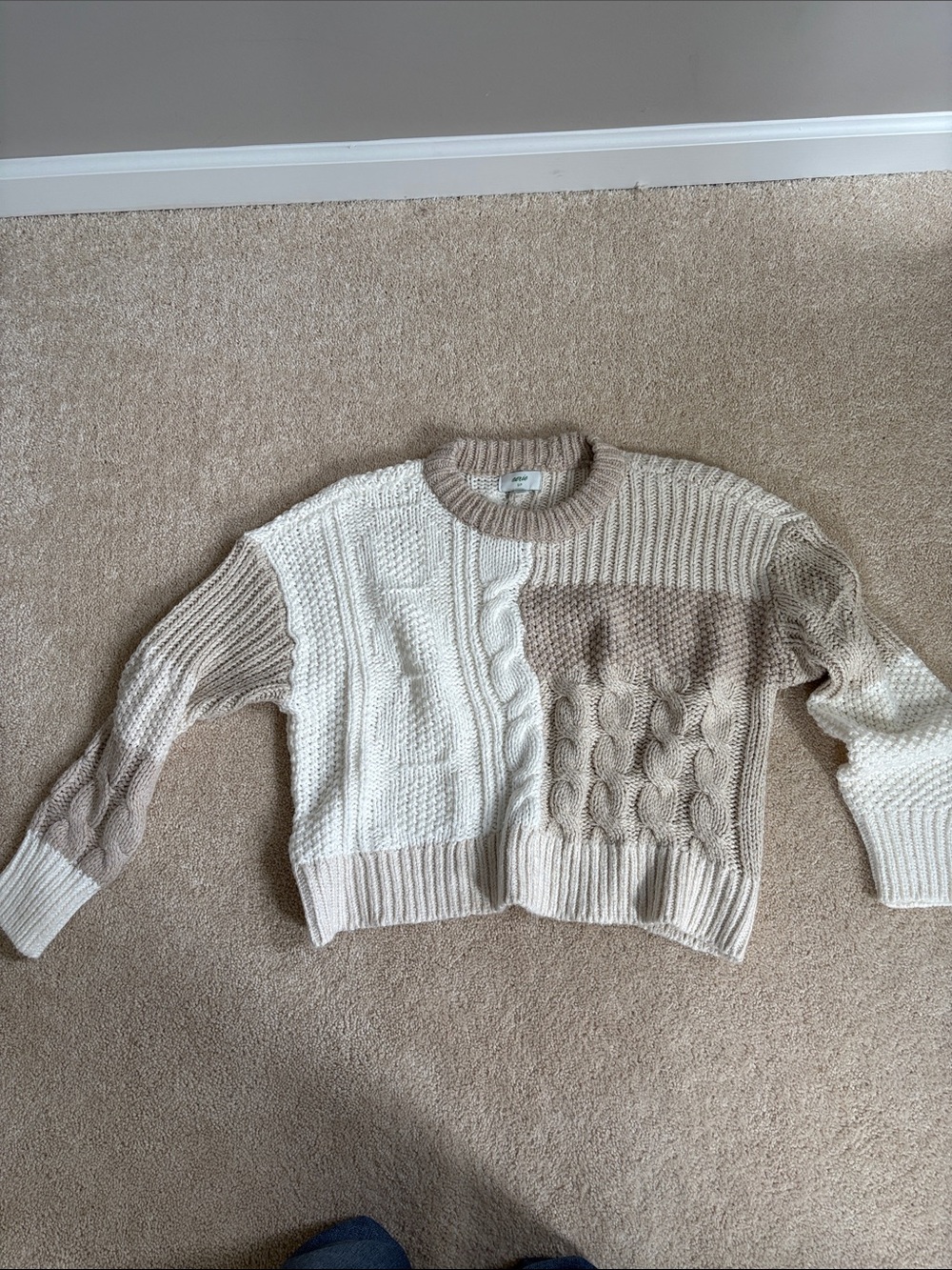 aerie Cream and Tan Colorblock Cable Knit Crew Sweater